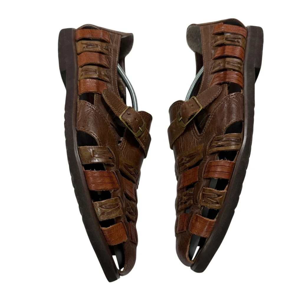 Men's Stacy Adams Outdoors‎ Woven Leather Fisherman Sandals Brown Buckle Shoe 11